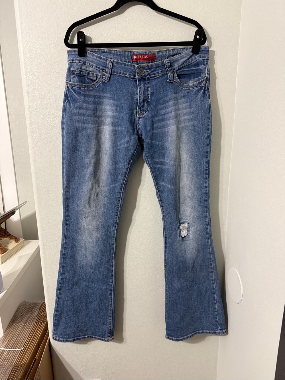 Vintage Red Rivet Medium Blue Distressed Bootcut Flare Jeans Denim Size 17